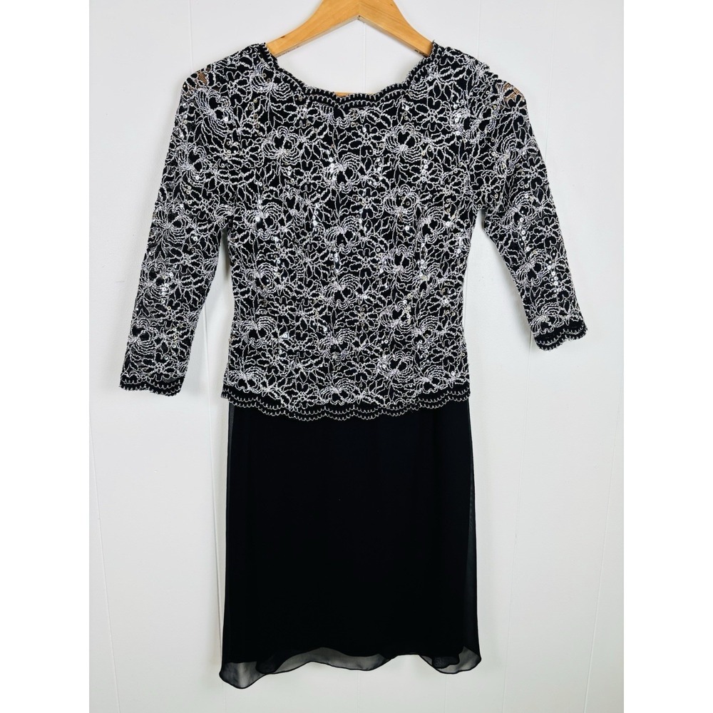 Alex Evenings Petite Dress 6p Embroidered Sequined Long Sleeve Mini Dress Black